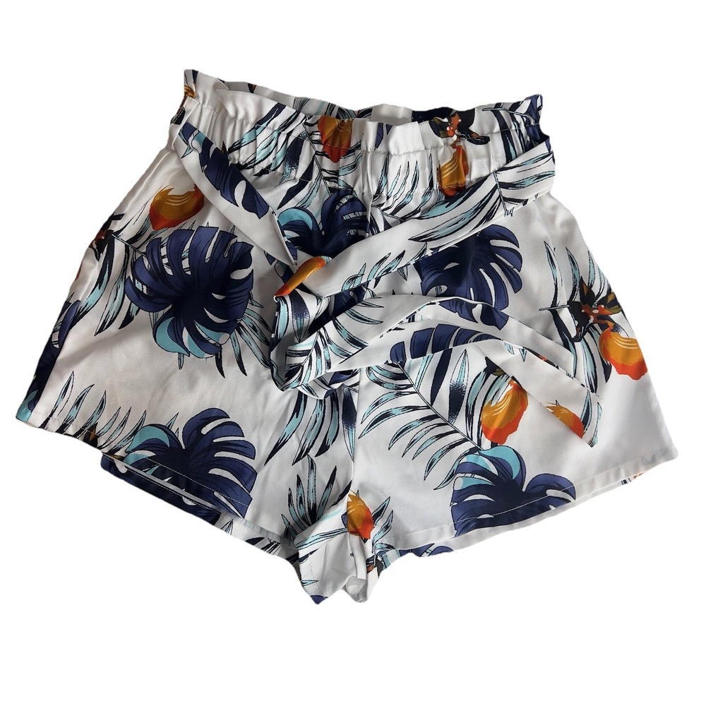 Shein Floral Palm Flowy Shorts White Blue Tie Size Medium‎ Size 6